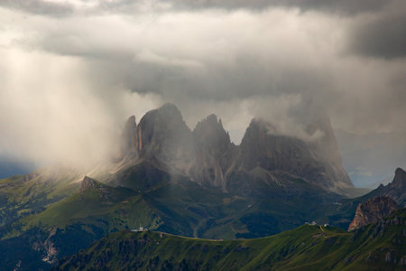 Panoramic view of Langkofel group or Sassolungo group in Italian Dolomite from the Marmolada in South Tyrol, Italy.の写真素材