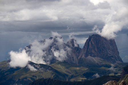 Panoramic view of Langkofel group or Sassolungo group in Italian Dolomite from the Marmolada in South Tyrol, Italy.の写真素材