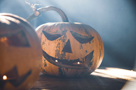 Jack O' Lantern glowing in smoky fantasy night. Halloween backgroundの写真素材