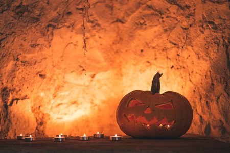 Jack O' Lantern glowing in smoky fantasy night. Halloween backgroundの写真素材