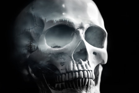 Double exposure of a spooky skull and dark misty forest. Horror wallpaper.の写真素材