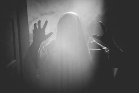 Horror background of a ghostly figure on a dark Halloween night.の写真素材