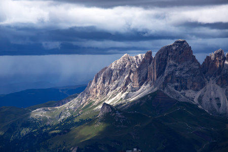 Panoramic view of Langkofel group or Sassolungo group in Italian Dolomite from the Marmolada in South Tyrol, Italy.の写真素材
