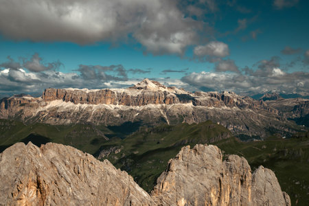Panoramic view of Piz Boe, the highest mountain of the Sella Group in Italian Dolomite from the Marmolada in South Tyrol, Italy.の写真素材