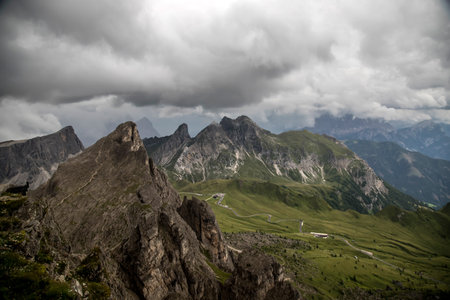 Europe, Italy, Alps, Dolomites, Mountains, Passo Giau, View from Rifugio Nuvolauの写真素材
