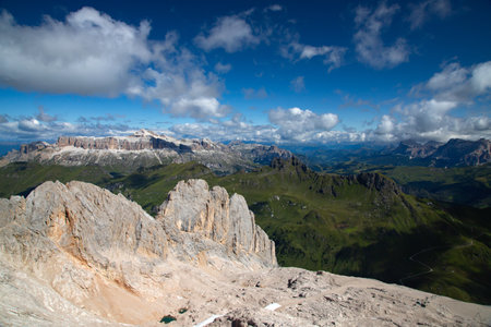 Panoramic view of Sella group in Italian Dolomite from the Marmolada in South Tyrol, Italy.の写真素材