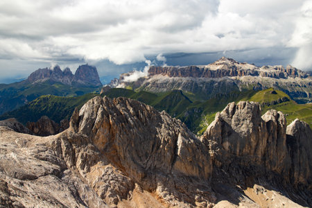 Panoramic view of Sassolungo and Sella group in Italian Dolomite from the Marmolada in South Tyrol, Italy.の写真素材