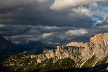 Fantastic dramatic view on Dolomites Alps with dramatic sky. Italy. Wonderful nature landscape.の写真素材