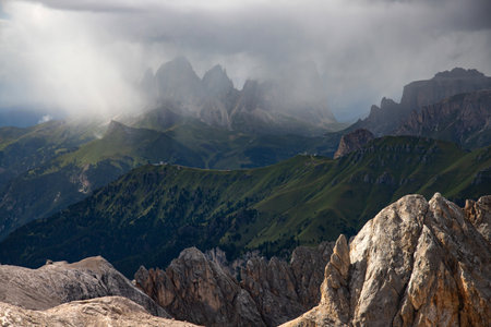 Panoramic view of Sassolungo and Sella group in Italian Dolomite from the Marmolada in South Tyrol, Italy.の写真素材