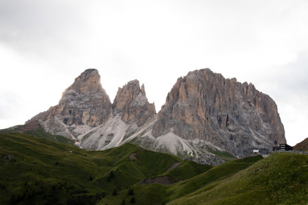 Panoramic view of Langkofel group or Sassolungo group in Italian Dolomite from the Marmolada in South Tyrol, Italy.の写真素材