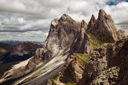 Amazing landscape of the Dolomites Alps. Odle mountain range, Seceda peak in Dolomites Alps, South Tyrol, Italy, Europe.の写真素材
