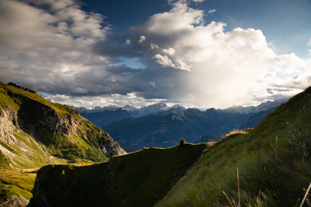 Fantastic dramatic view on Dolomites Alps with dramatic sky. Italy. Wonderful nature landscape.の写真素材