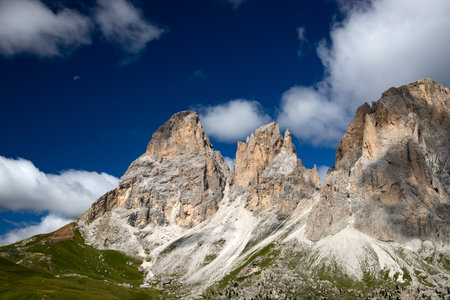Panoramic view of Langkofel group or Sassolungo group in Italian Dolomite from the Marmolada in South Tyrol, Italy.の写真素材