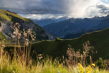 Fantastic dramatic view on Dolomites Alps with dramatic sky. Italy. Wonderful nature landscape.の写真素材