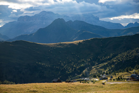 Fantastic dramatic view on Dolomites Alps with dramatic sky. Italy. Wonderful nature landscape.の写真素材