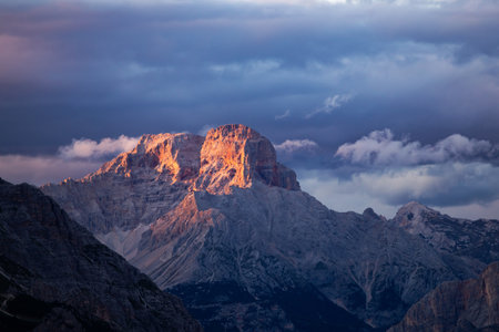 Fantastic dramatic view on Dolomites Alps with dramatic sky. Italy. Wonderful nature landscape.
