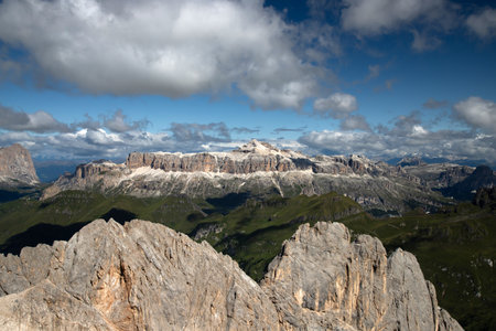 Panoramic view of Piz Boe, the highest mountain of the Sella Group in Italian Dolomite from the Marmolada in South Tyrol, Italy.の写真素材