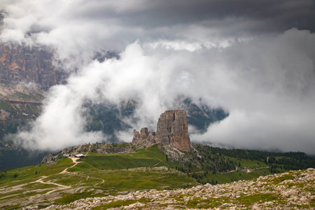 Majestic Cinque Torri in Dolomite Alps. Amazing nature lanscape background.の写真素材