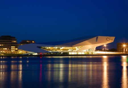 AMSTERDAM - MAY 9; The Eye Film institute Netherlands on the northern bank of the river IJ at sunset on May 9, 2013 in Amsterdam 
のeditorial素材