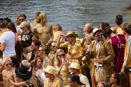 AMSTERDAM, THE NETHERLANDS - AUGUST 2, 2014  Participants at the famous Canal Parade of the Amsterdam Gay Pride 2014 on August 2, 2014 in Amsterdamのeditorial素材