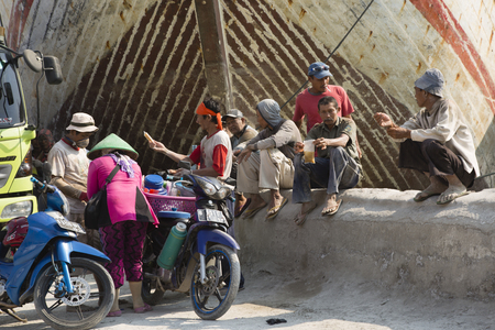 Jakarta, Indonesia - September 9, 2015: People near Makassar schooners (pinisi) in Sunda Kelapa, the old port of Jakarta, Indonesiaのeditorial素材