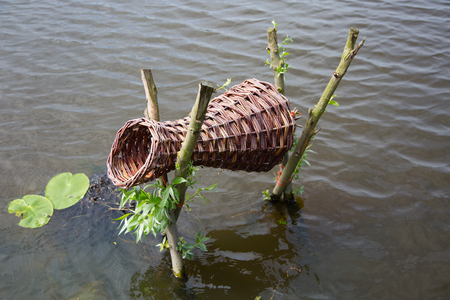 Duck nesting basket above the water surface in Kinderdijk, the Netherlandsの写真素材