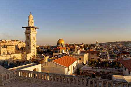 Sunset view old City of Jerusalem from Ecce homo pilgrim house Roof, via Dolorosa street. El-Ghawanima Tower and Al Aqsa Mosque, Dome of the Rock.の写真素材