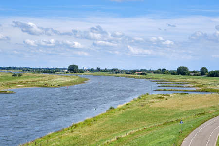 Typical Dutch river landscape with cows, grassland, floodplain and the river Rhine with groyne in river bend near Wageningen, Gelderland, the Netherlandsの写真素材