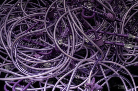 Purple network of feeding tubes close-up on a black background.