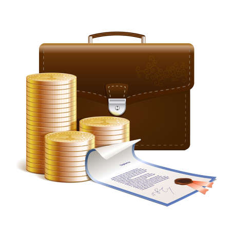 Golden coins on the white background whit brief-bag and securitiesのイラスト素材