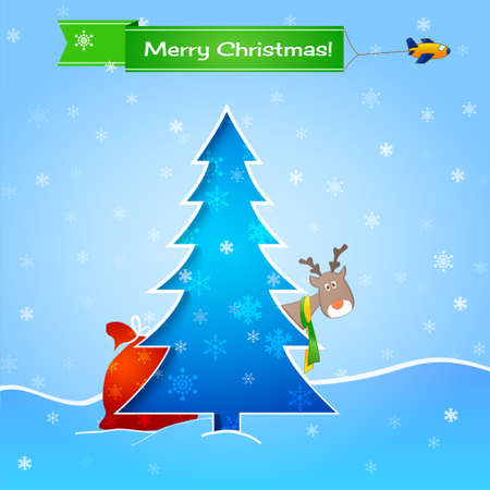 blue christmas card, tree, funny deer and giftsのイラスト素材