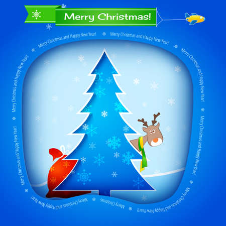 Vector blue christmas card, tree, funny deer and giftsのイラスト素材