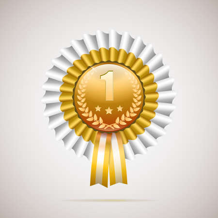 Number one golden award with white and gold ribbon. Winner, badge with white and yellow rosette.のイラスト素材