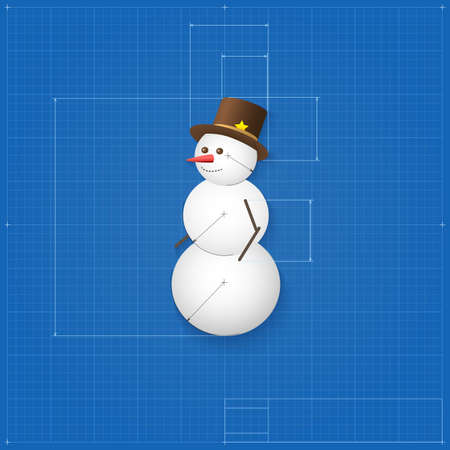 Snowman symbol drawn as blueprint. Stylized drafting of gift sign on blueprint paper. Vector illustration for holiday, packaging supplies, gift wrapping, packagingのイラスト素材