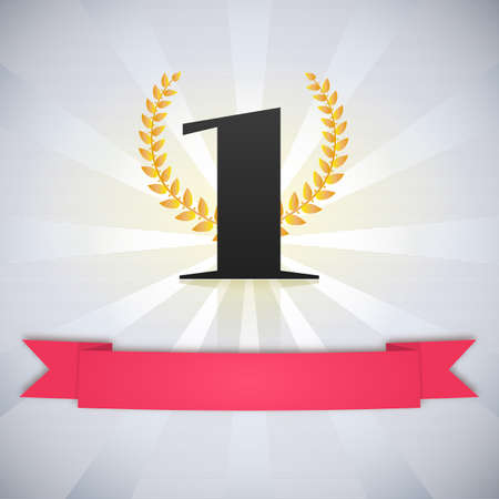 Number one, scarlet ribbon, laurel wreath and rays, winner no.1 labelのイラスト素材