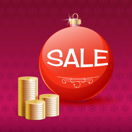 Gold coins and Christmas sale ball. Christmas and New Year Sale posterのイラスト素材