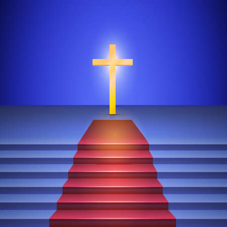 Stairway with red carpet leads to cross standing on stage.のイラスト素材