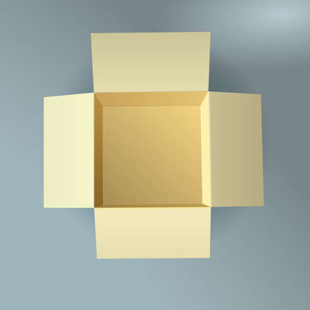 Open cardboard box, corrugated, top view with soft shadow