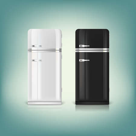Collection of stylish retro refrigerators. Front view of a retro refrigerator.のイラスト素材