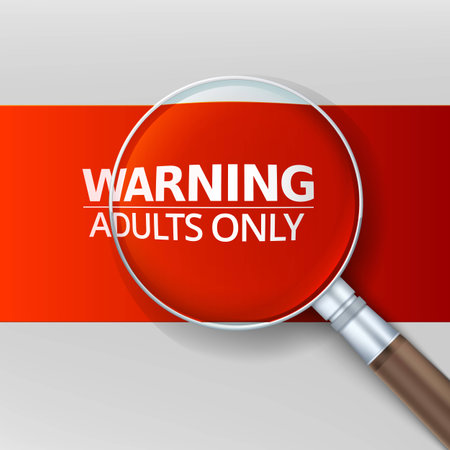 Adults only. Red banner with a magnifying glass, vector illustration.のイラスト素材