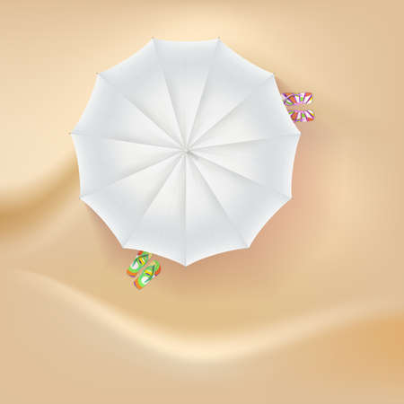 Beach slippers and a sun umbrella on sand background. Vector illustration.のイラスト素材