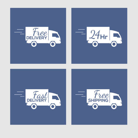 Set of icons with the delivery car of goods on square background with the wordsのイラスト素材