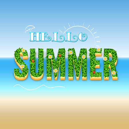 Hello Summer typographic design poster on a blurred blured background with the sun, sea waves.のイラスト素材