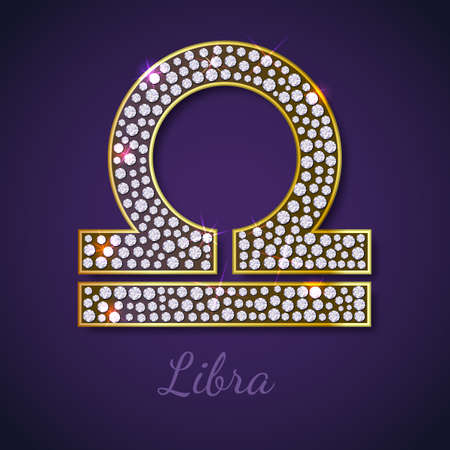 Golden Libra zodiac signs with diamonds, editable vector illustration