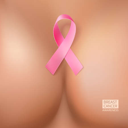 Abstract background Woman breast with a pink breast cancer awareness ribbon symbol. Vector illustration of the female breast closeupのイラスト素材