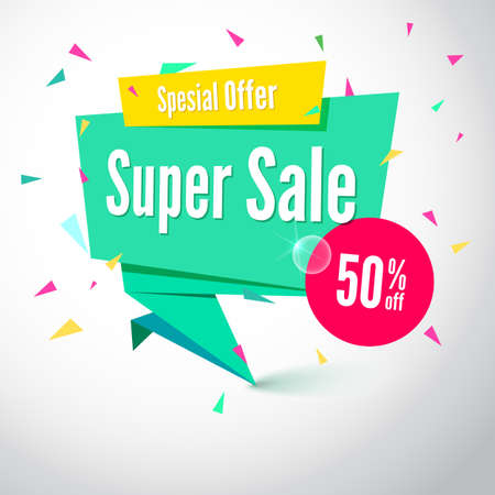 Super sale origami banner. Great background for your promotional posters, advertising shopping flyers, brochure or booklet and discount banners. Vector speech bubbleのイラスト素材