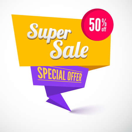 Super sale origami banner. Great background for your promotional posters, advertising shopping flyers, brochure or booklet and discount banners. Vector speech bubbleのイラスト素材