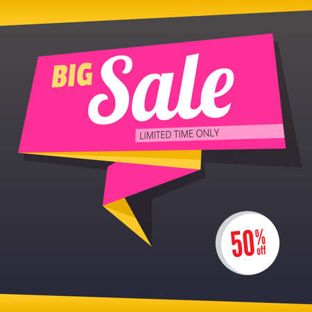 Big sale and special offer origami paper banner. Great bright background for your offers, promotional posters, advertising shopping flyers and discount banners. Vector speech bubbleのイラスト素材