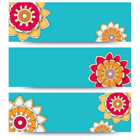 Vector banner templates set with floral summer theme doodlesのイラスト素材