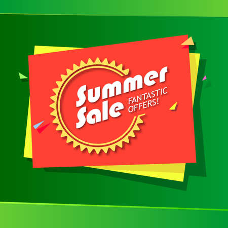 Summer sale and special offer origami paper banner. Great bright background for your offers, promotional posters, advertising shopping flyers and discount banners. Vector speech bubbleのイラスト素材